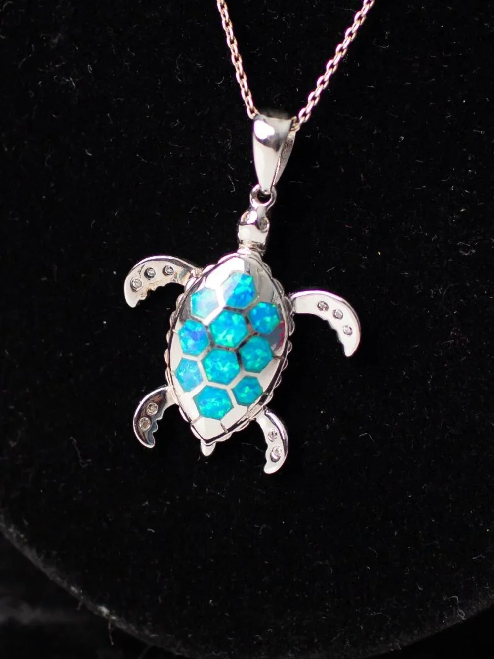 925 Sterling Silver Sea Turtle Necklace Blue Opal Inlay Pendant Ocean Jewelry - Picture 3 of 8